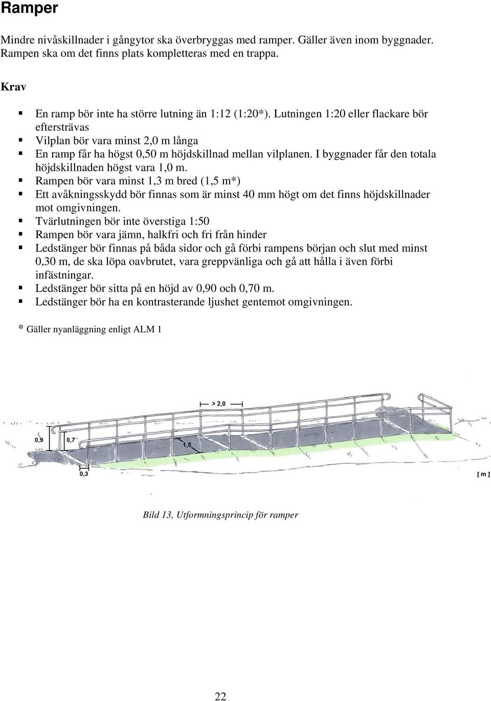 I byggnader får den totala höjdskillnaden högst vara 1,0 m. Rampen bör vara minst 1,3 m bred (1,5 m*) Ett avåkningsskydd bör finnas som är minst 40 mm högt om det finns höjdskillnader mot omgivningen.