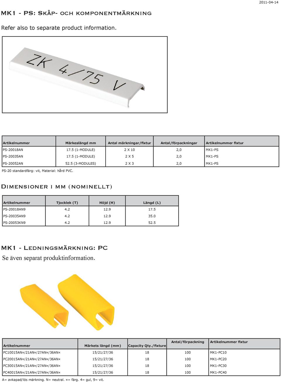 Dimensioner i mm (nominellt) Artikelnummer Tjocklek (T) Höjd (H) Längd (L) PS-20018AN9 4.2 12.9 17.5 PS-20035AN9 4.2 12.9 35.0 PS-20053KN9 4.2 12.9 52.