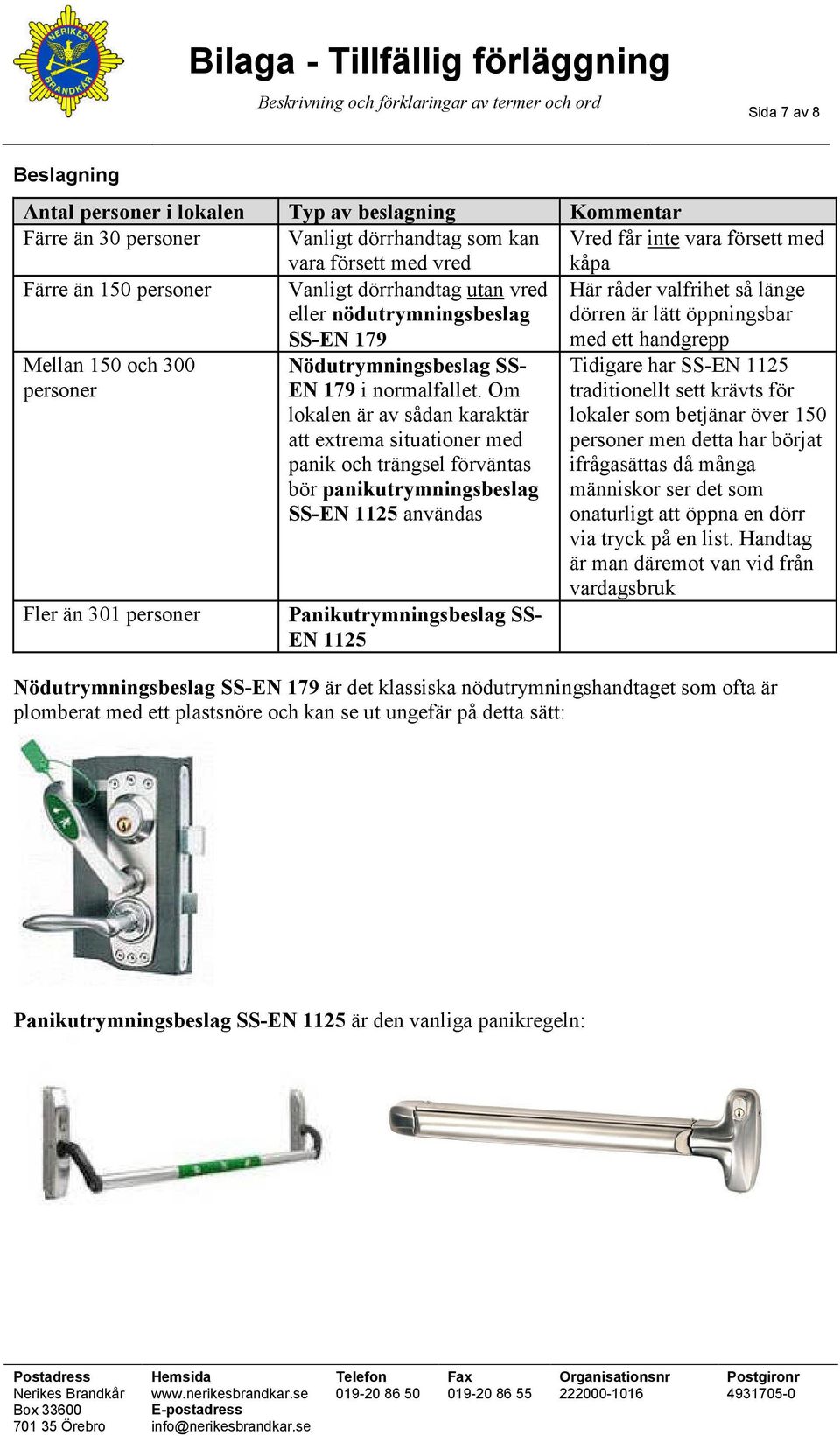 öppningsbar med ett handgrepp Mellan 150 och 300 personer Fler än 301 personer Nödutrymningsbeslag SS- EN 179 i normalfallet.