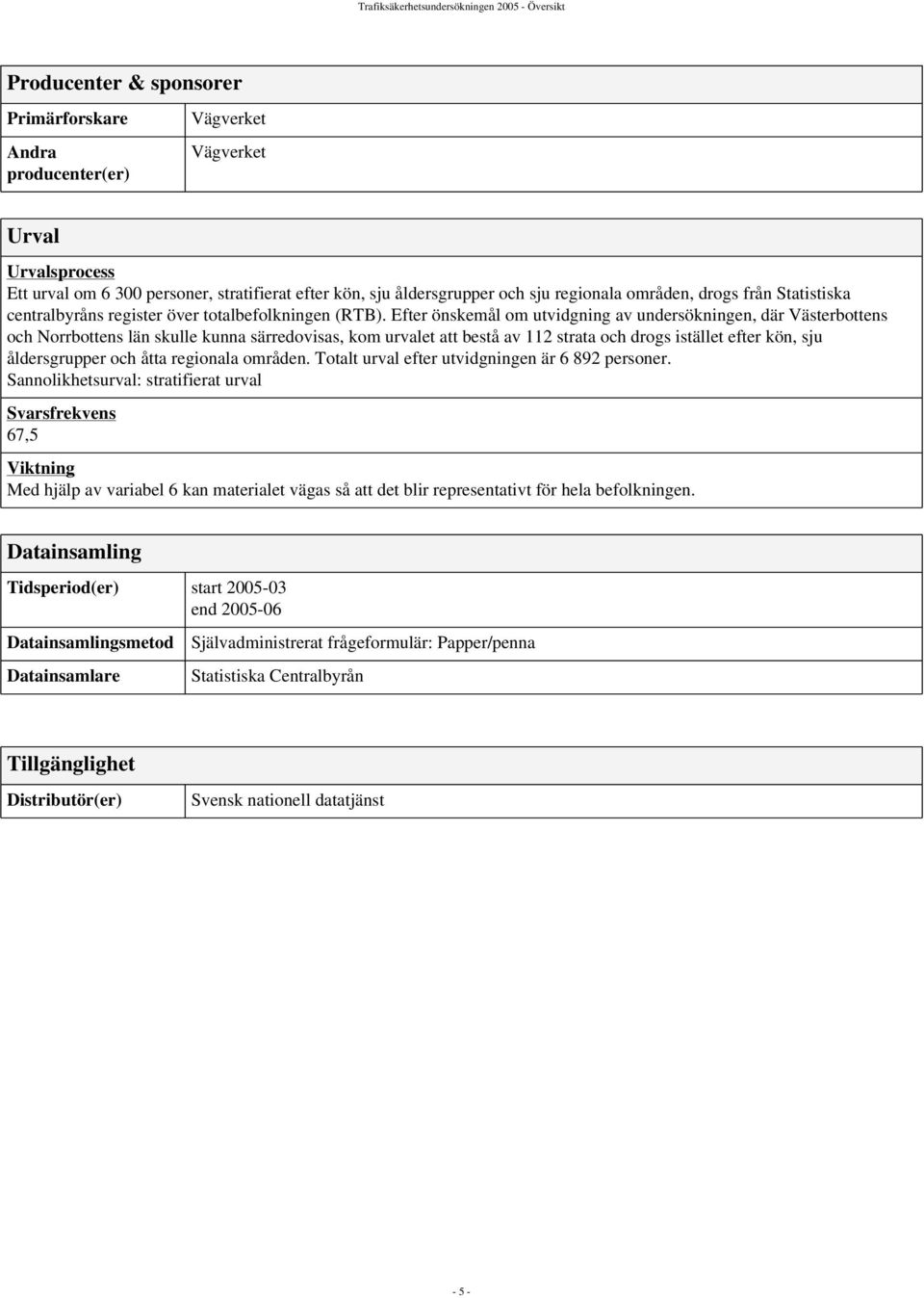 Efter önskemål om utvidgning av undersökningen, där Västerbottens och Norrbottens län skulle kunna särredovisas, kom urvalet att bestå av 112 strata och drogs istället efter kön, sju åldersgrupper