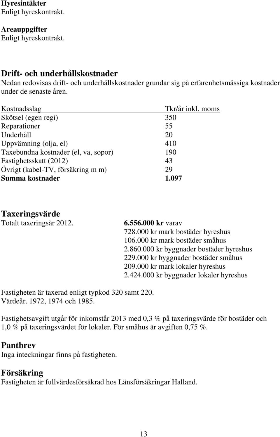 moms Skötsel (egen regi) 350 Reparationer 55 Underhåll 20 Uppvämning (olja, el) 410 Taxebundna kostnader (el, va, sopor) 190 Fastighetsskatt (2012) 43 Övrigt (kabel-tv, försäkring m m) 29 Summa