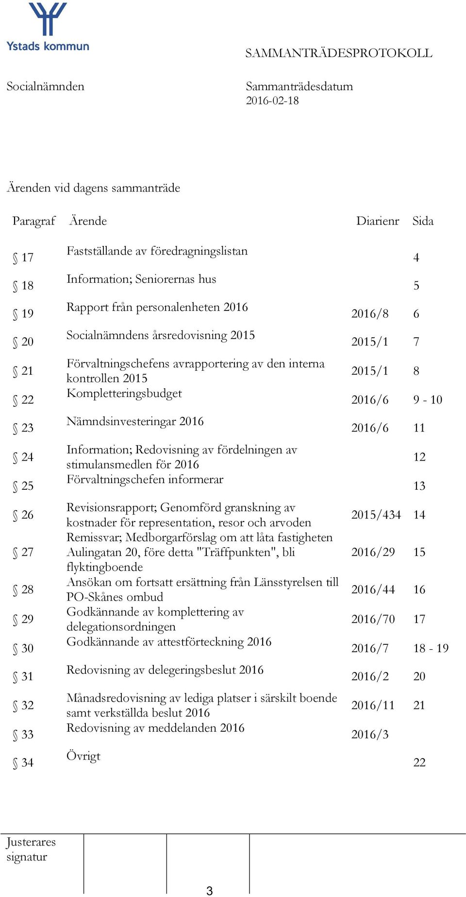 stimulansmedlen för 2016 Förvaltningschefen informerar Revisionsrapport; Genomförd granskning av kostnader för representation, resor och arvoden Remissvar; Medborgarförslag om att låta fastigheten