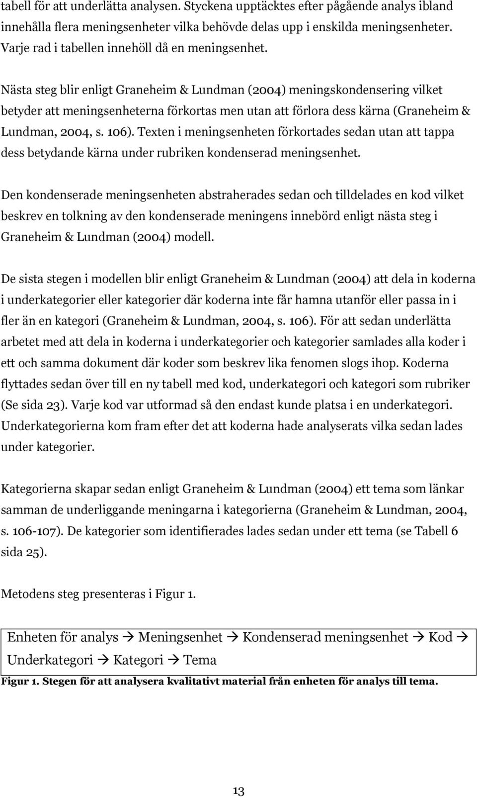 Nästa steg blir enligt Graneheim & Lundman (2004) meningskondensering vilket betyder att meningsenheterna förkortas men utan att förlora dess kärna (Graneheim & Lundman, 2004, s. 106).