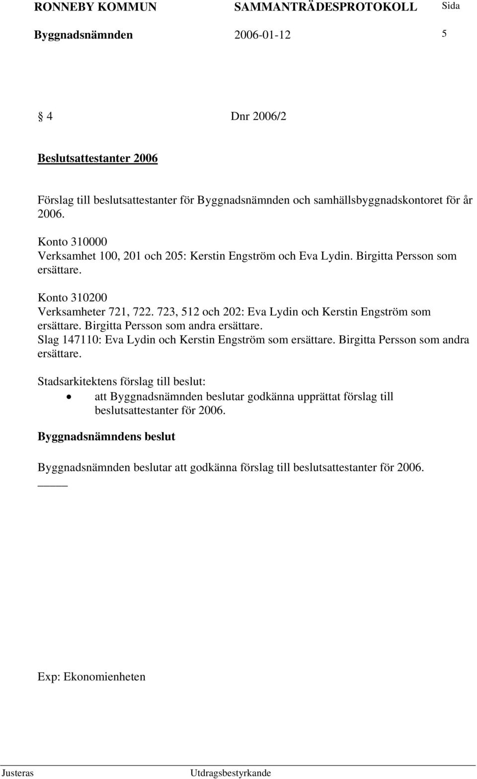 723, 512 och 202: Eva Lydin och Kerstin Engström som ersättare. Birgitta Persson som andra ersättare. Slag 147110: Eva Lydin och Kerstin Engström som ersättare.
