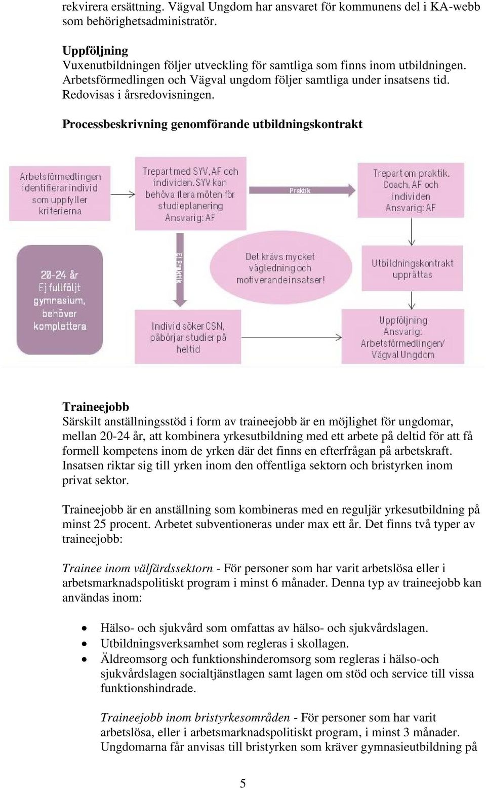 Processbeskrivning genomförande utbildningskontrakt Traineejobb Särskilt anställningsstöd i form av traineejobb är en möjlighet för ungdomar, mellan 20-24 år, att kombinera yrkesutbildning med ett