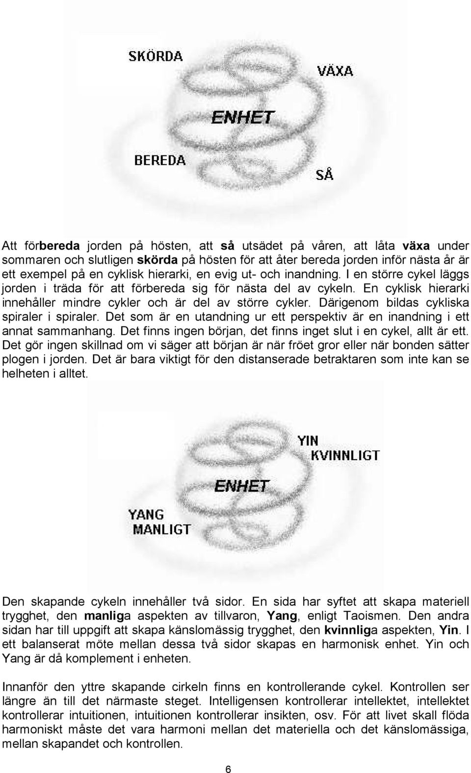 Därigenom bildas cykliska spiraler i spiraler. Det som är en utandning ur ett perspektiv är en inandning i ett annat sammanhang. Det finns ingen början, det finns inget slut i en cykel, allt är ett.