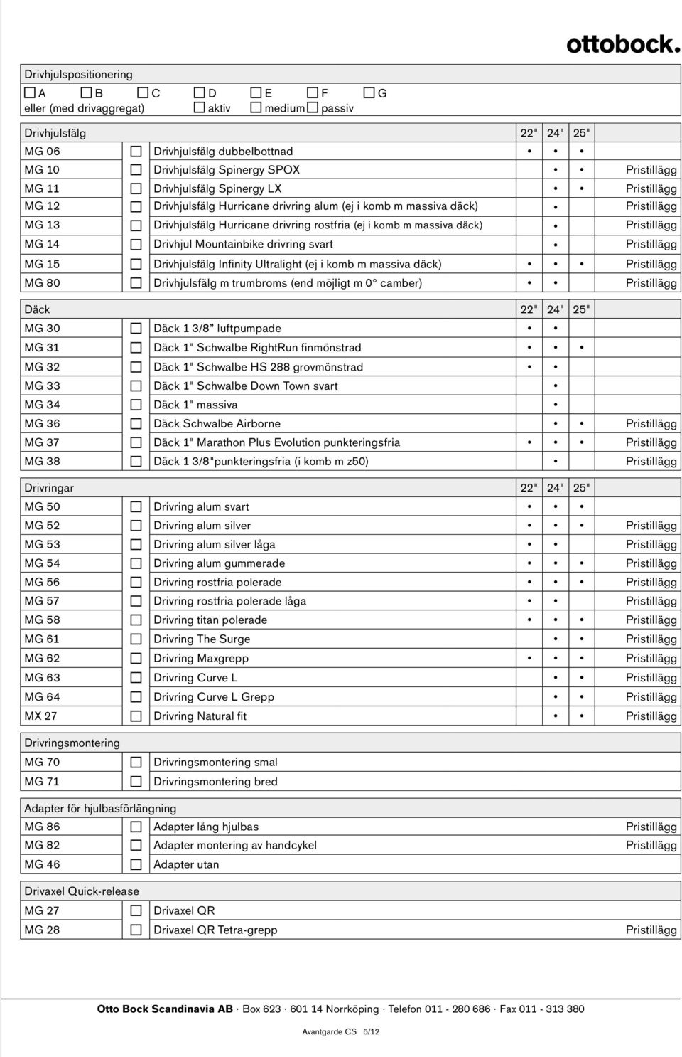 Pristillägg MG 14 Drivhjul Mountainbike drivring svart Pristillägg MG 15 Drivhjulsfälg Infinity Ultralight (ej i komb m massiva däck) Pristillägg MG 80 Drivhjulsfälg m trumbroms (end möjligt m 0