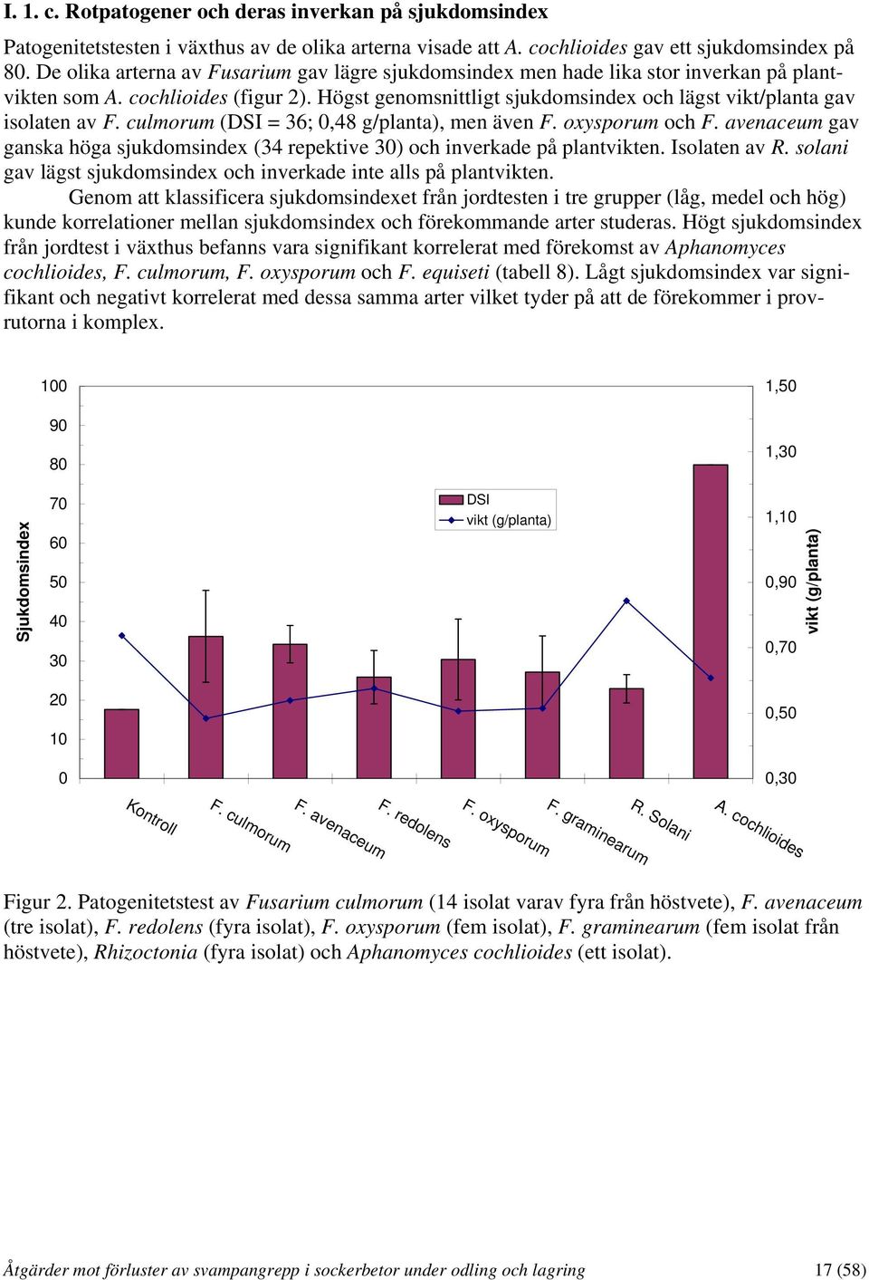 Högst genomsnittligt sjukdomsindex och lägst vikt/planta gav isolaten av F. culmorum (DSI = 36; 0,48 g/planta), men även F. oxysporum och F.