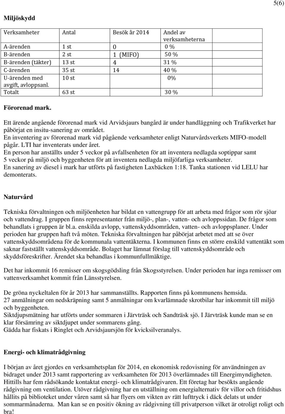 En inventering av förorenad mark vid pågående verksamheter enligt Naturvårdsverkets MIFO-modell pågår. LTI har inventerats under året.