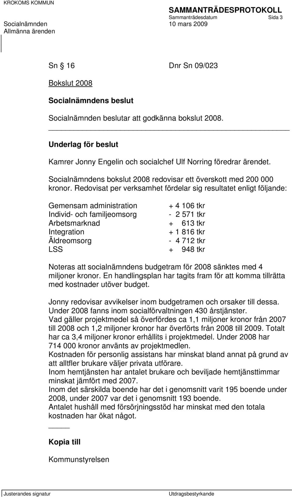 Redovisat per verksamhet fördelar sig resultatet enligt följande: Gemensam administration + 4 106 tkr Individ- och familjeomsorg - 2 571 tkr Arbetsmarknad + 613 tkr Integration + 1 816 tkr