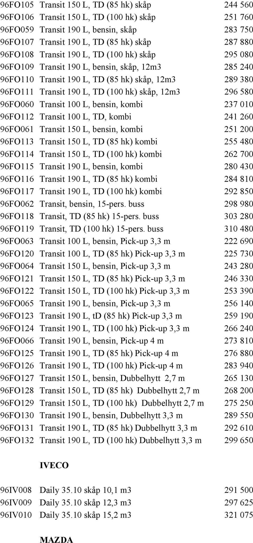 96FO060 Transit 100 L, bensin, kombi 237 010 96FO112 Transit 100 L, TD, kombi 241 260 96FO061 Transit 150 L, bensin, kombi 251 200 96FO113 Transit 150 L, TD (85 hk) kombi 255 480 96FO114 Transit 150