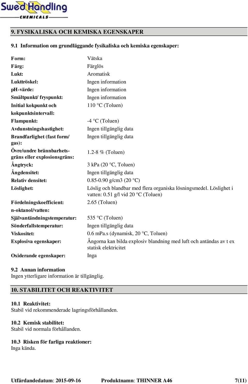 Avdunstningshastighet: Brandfarlighet (fast form/ gas): Övre/undre brännbarhetsgräns eller explosionsgräns: Ångtryck: Ångdensitet: Relativ densitet: Löslighet: Fördelningskoefficient: