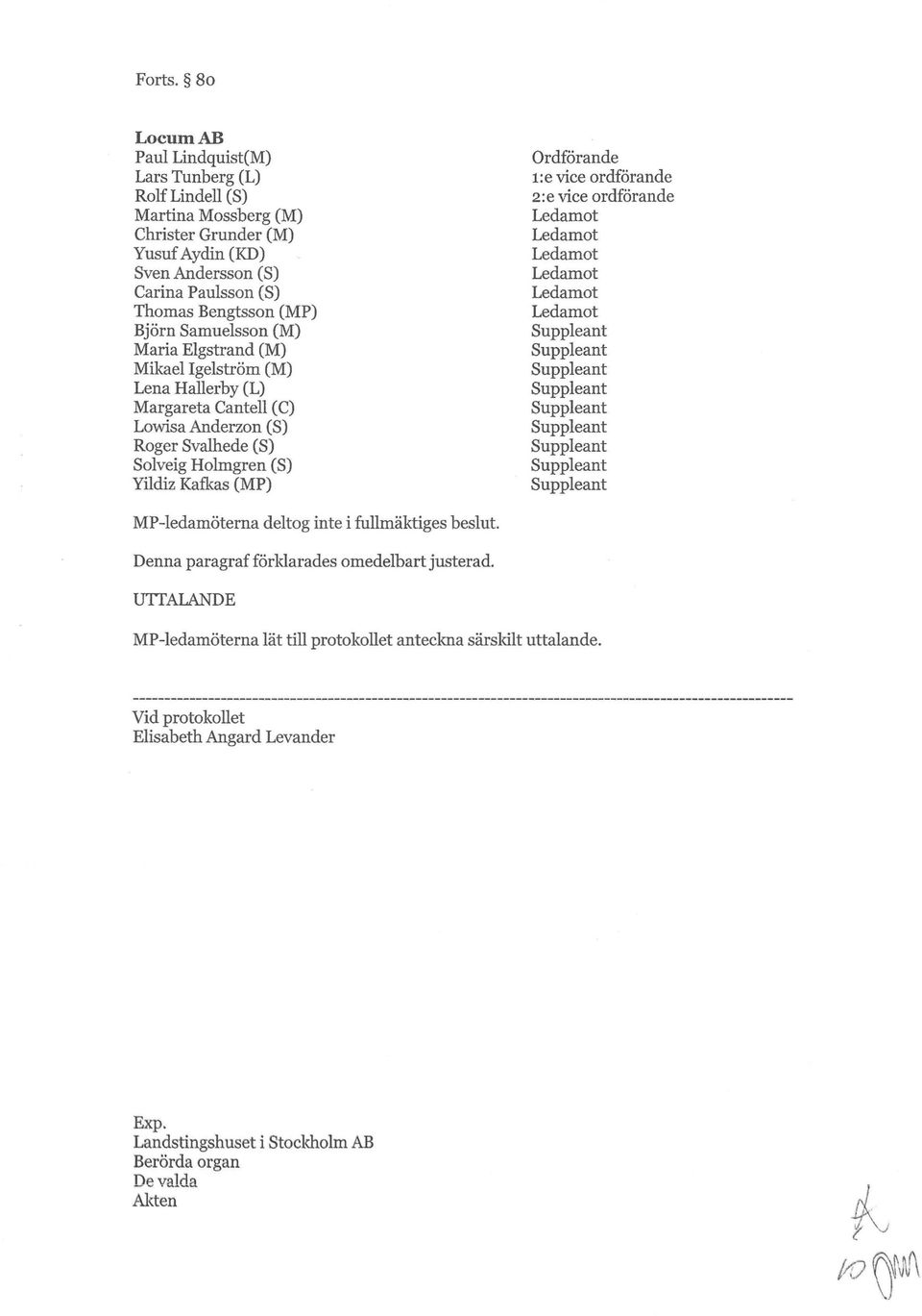 Bengtsson (MP) Björn Samuelsson (M) Maria Elgstrand (M) Mikael Igelström (M) Lena Hallerby (L) Margareta Cantell (C) Lowisa Anderzon (S) Roger Svalhede (S) Solveig Holmgren