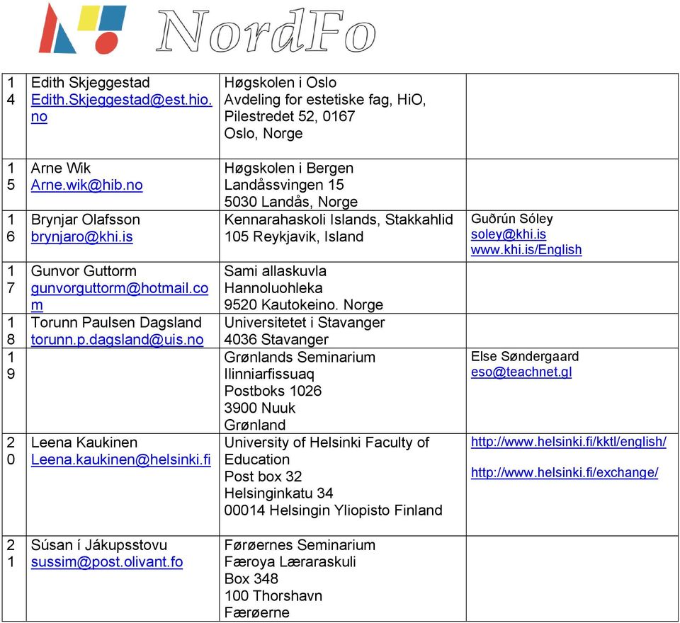 fi Høgskolen i Bergen Landåssvingen 5 5030 Landås, Norge Kennarahaskoli Islands, Stakkahlid 05 Reykjavik, Island Sami allaskuvla Hannoluohleka 950 Kautokeino.