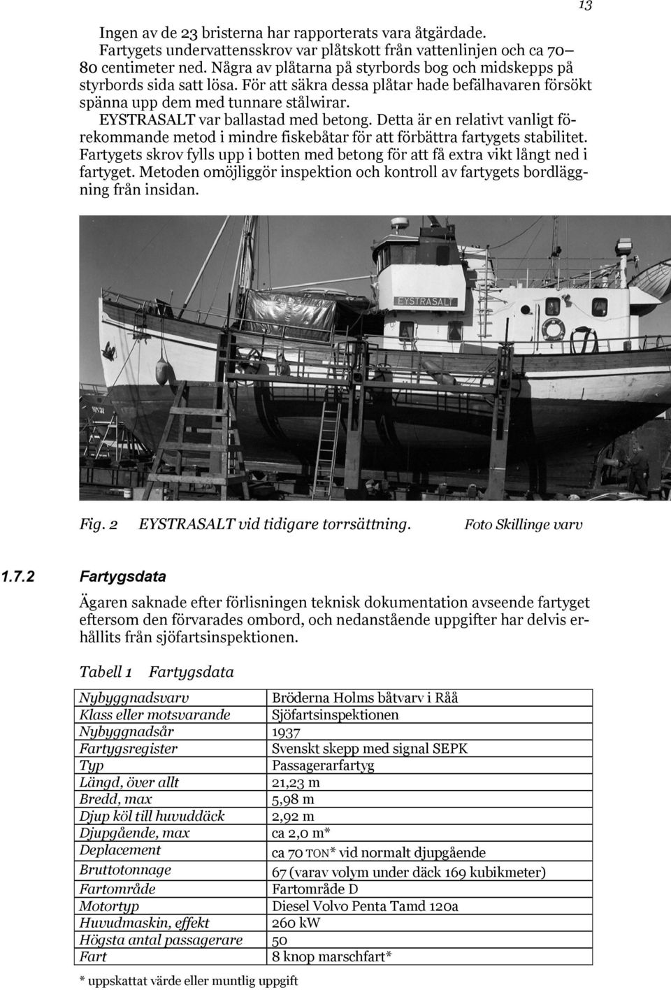 EYSTRASALT var ballastad med betong. Detta är en relativt vanligt förekommande metod i mindre fiskebåtar för att förbättra fartygets stabilitet.