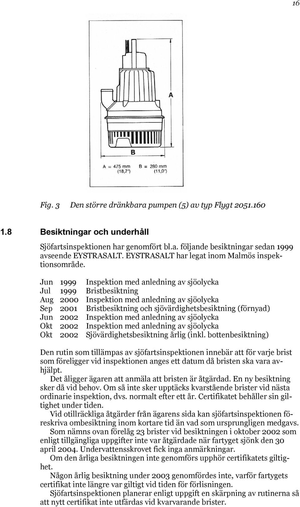 Jun 1999 Inspektion med anledning av sjöolycka Jul 1999 Bristbesiktning Aug 2000 Inspektion med anledning av sjöolycka Sep 2001 Bristbesiktning och sjövärdighetsbesiktning (förnyad) Jun 2002