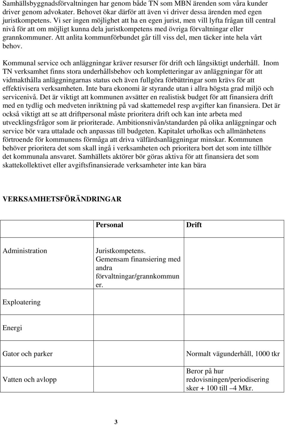 Att anlita kommunförbundet går till viss del, men täcker inte hela vårt behov. Kommunal service och anläggningar kräver resurser för drift och långsiktigt underhåll.