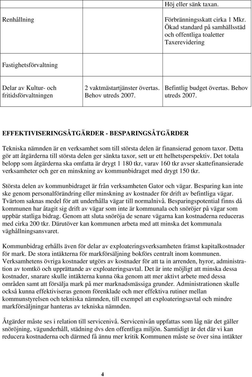 Befintlig budget övertas. Behov utreds 2007. EFFEKTIVISERINGSÅTGÄRDER - BESPARINGSÅTGÄRDER Tekniska nämnden är en verksamhet som till största delen är finansierad genom taxor.