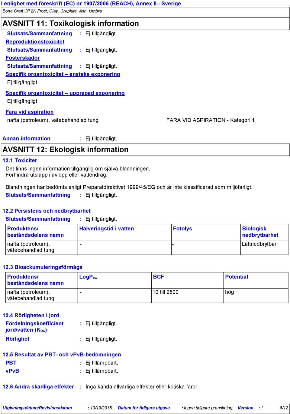 Annan information AVSNITT 12 Ekologisk information 12.1 Toxicitet Det finns ingen information tillgänglig om själva blandningen. Förhindra utsläpp i avlopp eller vattendrag.