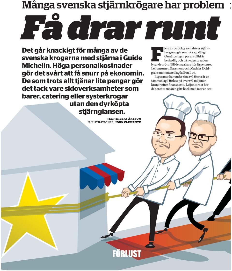 TEXT: NICLAS ÅKESON ILLUSTRATIONER: JONN CLEMENTE Flera av de bolag som driver stjärnkrogarna går rent ut sagt dåligt. en per anställd är beskedlig och på nedersta raden lyser det rött.