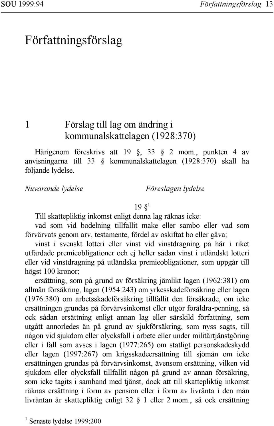 Nuvarande lydelse Föreslagen lydelse 19 1 Till skattepliktig inkomst enligt denna lag räknas icke: vad som vid bodelning tillfallit make eller sambo eller vad som förvärvats genom arv, testamente,