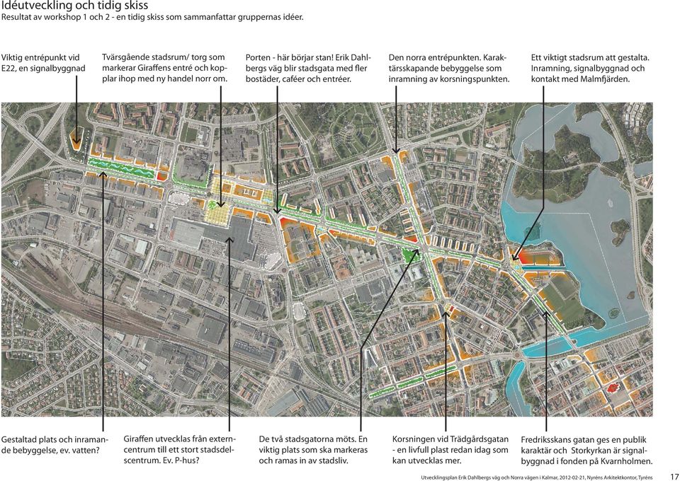 Erik Dahlbergs väg blir stadsgata med fler bostäder, caféer och entréer. Den norra entrépunkten. Karaktärsskapande bebyggelse som inramning av korsningspunkten. Ett viktigt stadsrum att gestalta.