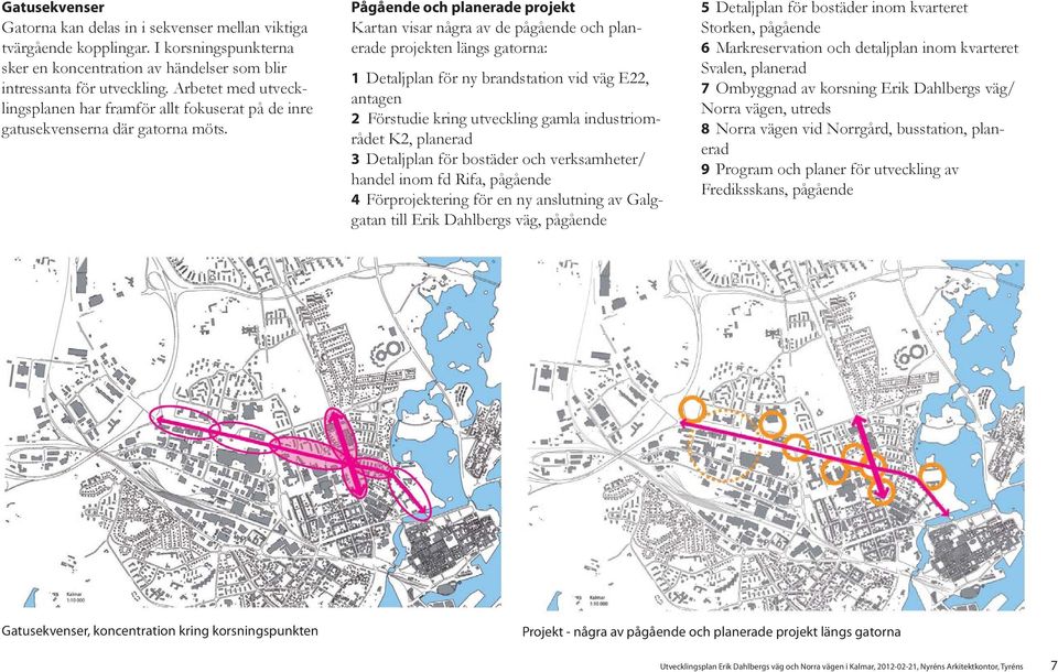 Pågående och planerade projekt Kartan visar några av de pågående och planerade projekten längs gatorna: 1 Detaljplan för ny brandstation vid väg E22, antagen 2 Förstudie kring utveckling gamla