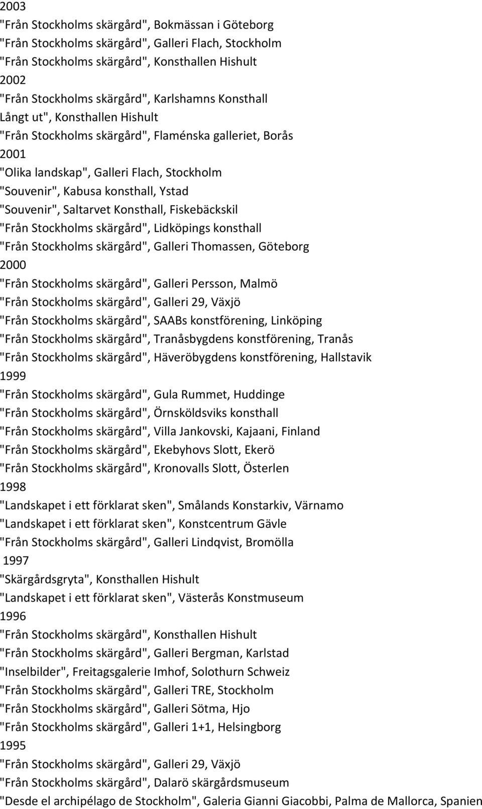 Saltarvet Konsthall, Fiskebäckskil "Från Stockholms skärgård", Lidköpings konsthall "Från Stockholms skärgård", Galleri Thomassen, Göteborg 2000 "Från Stockholms skärgård", Galleri Persson, Malmö