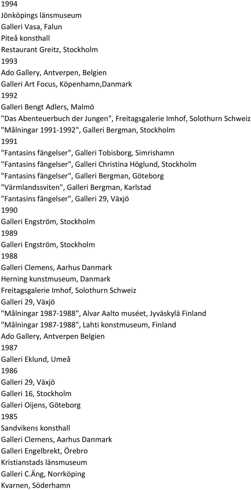 fängelser", Galleri Christina Höglund, Stockholm "Fantasins fängelser", Galleri Bergman, Göteborg "Värmlandssviten", Galleri Bergman, Karlstad "Fantasins fängelser", Galleri 29, Växjö 1990 Galleri