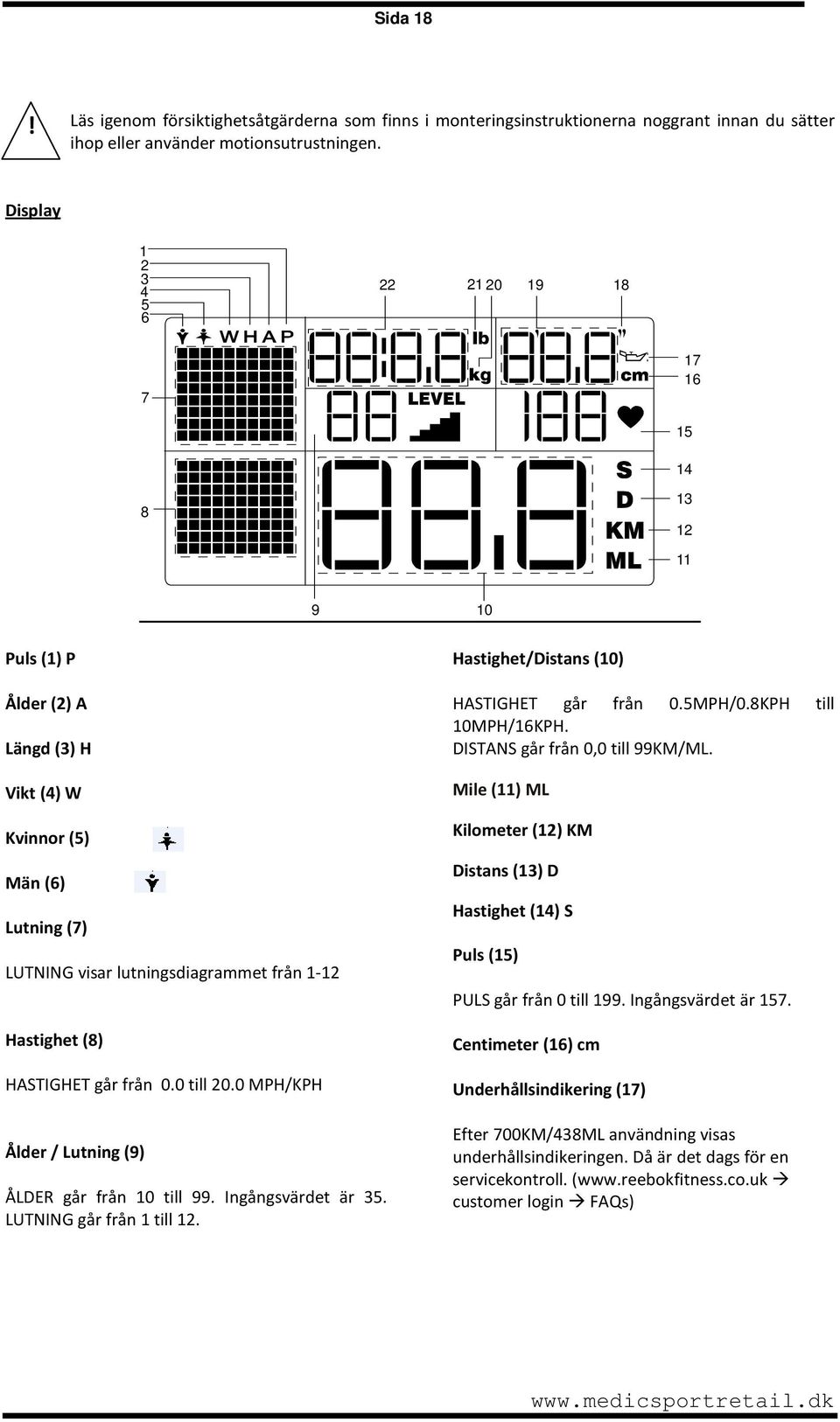 HASTIGHET går från 0.0 till 20.0 MPH/KPH Ålder / Lutning (9) ÅLDER går från 10 till 99. Ingångsvärdet är 35. LUTNING går från 1 till 12. Hastighet/Distans (10) HASTIGHET går från 0.5MPH/0.