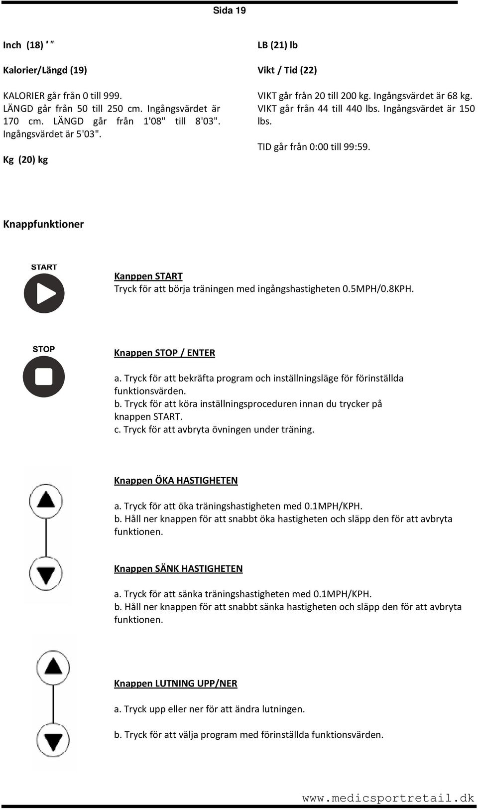 Knappfunktioner Kanppen START Tryck för att börja träningen med ingångshastigheten 0.5MPH/0.8KPH. Knappen STOP / ENTER a.