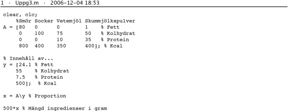 A = [8 1 % Fett 1 75 5 % olhydrat 1 35 % rotein 8 4 35 4]; % cal