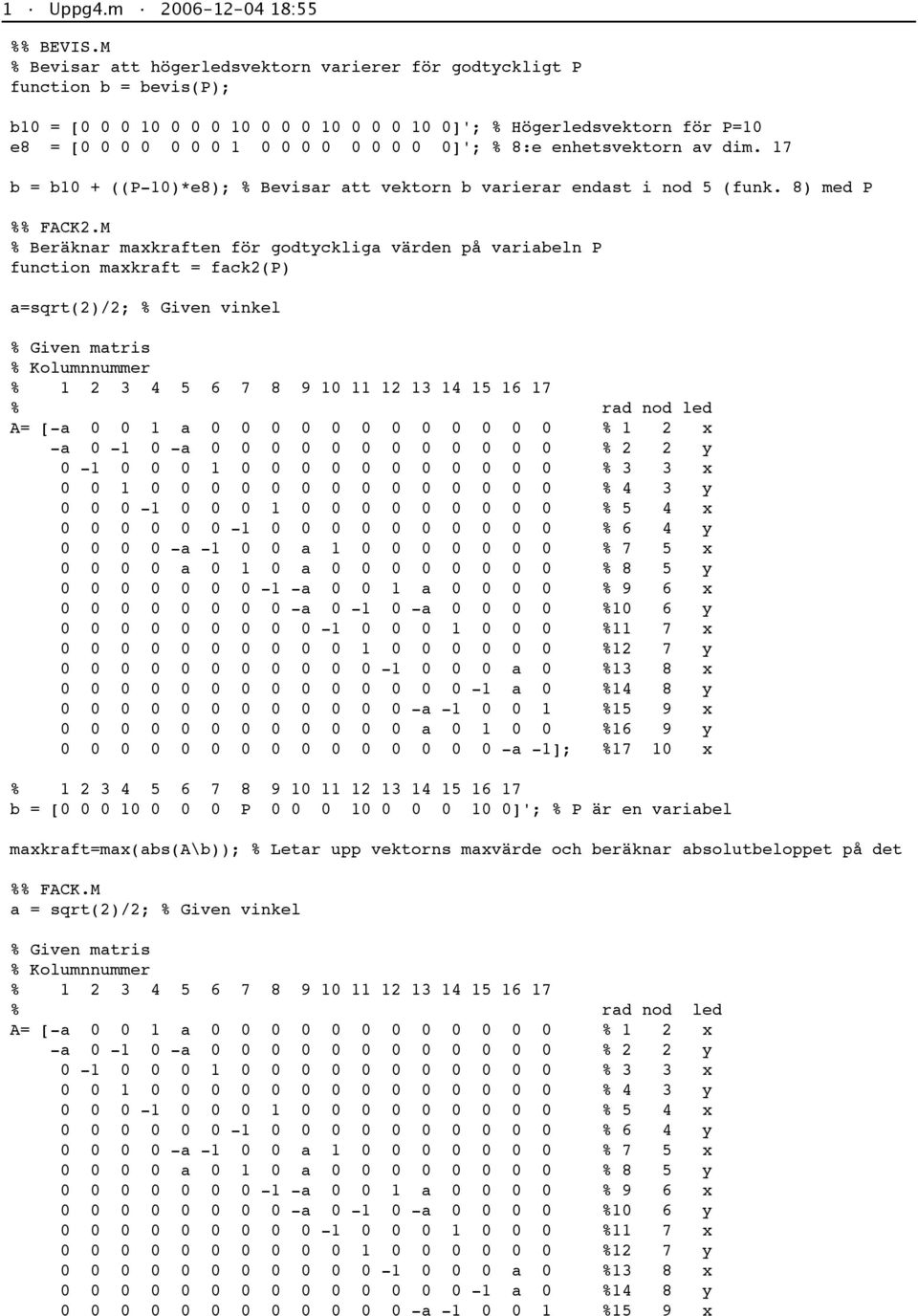 M % Beräknar maxkraften för godtyckliga värden på variabeln function maxkraft = fack2() a=sqrt(2)/2; % Given vinkel % Given matris % olumnnummer % 1 2 3 4 5 6 7 8 9 1 11 12 13 14 15 16 17 % rad nod