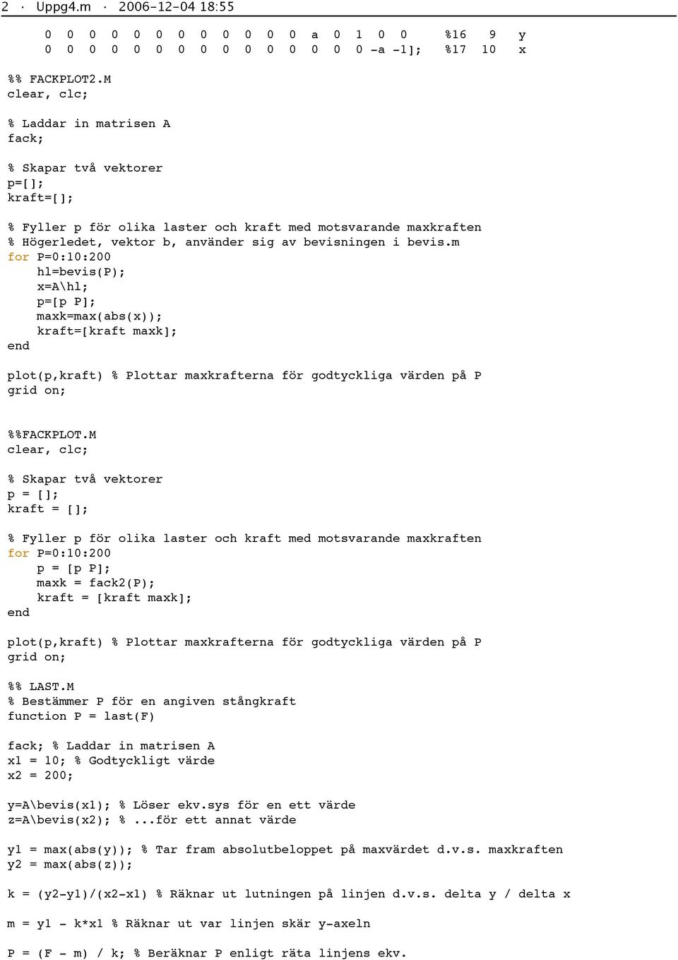bevis.m for =:1:2 hl=bevis(); x=a\hl; p=[p ]; maxk=max(abs(x)); kraft=[kraft maxk]; end plot(p,kraft) % lottar maxkrafterna för godtyckliga värden på grid on; %%FACT.