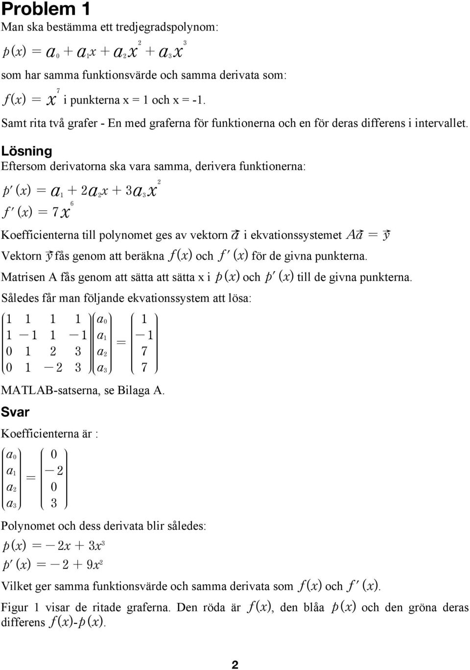 ösning Eftersom derivatorna ska vara samma, derivera funktionerna: p l(x) = a 1 + 2a 2 x + 3a 3 x 2 f l(x) = 7x 6 oefficienterna till polynomet ges av vektorn a i ekvationssystemet Aa = y Vektorn y