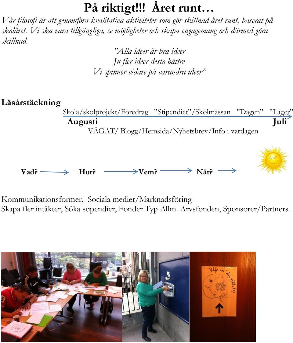 Alla ideer är bra ideer Ju fler ideer desto bättre Vi spinner vidare på varandra ideer Läsårstäckning Skola/skolprojekt/Föredrag Stipendiet