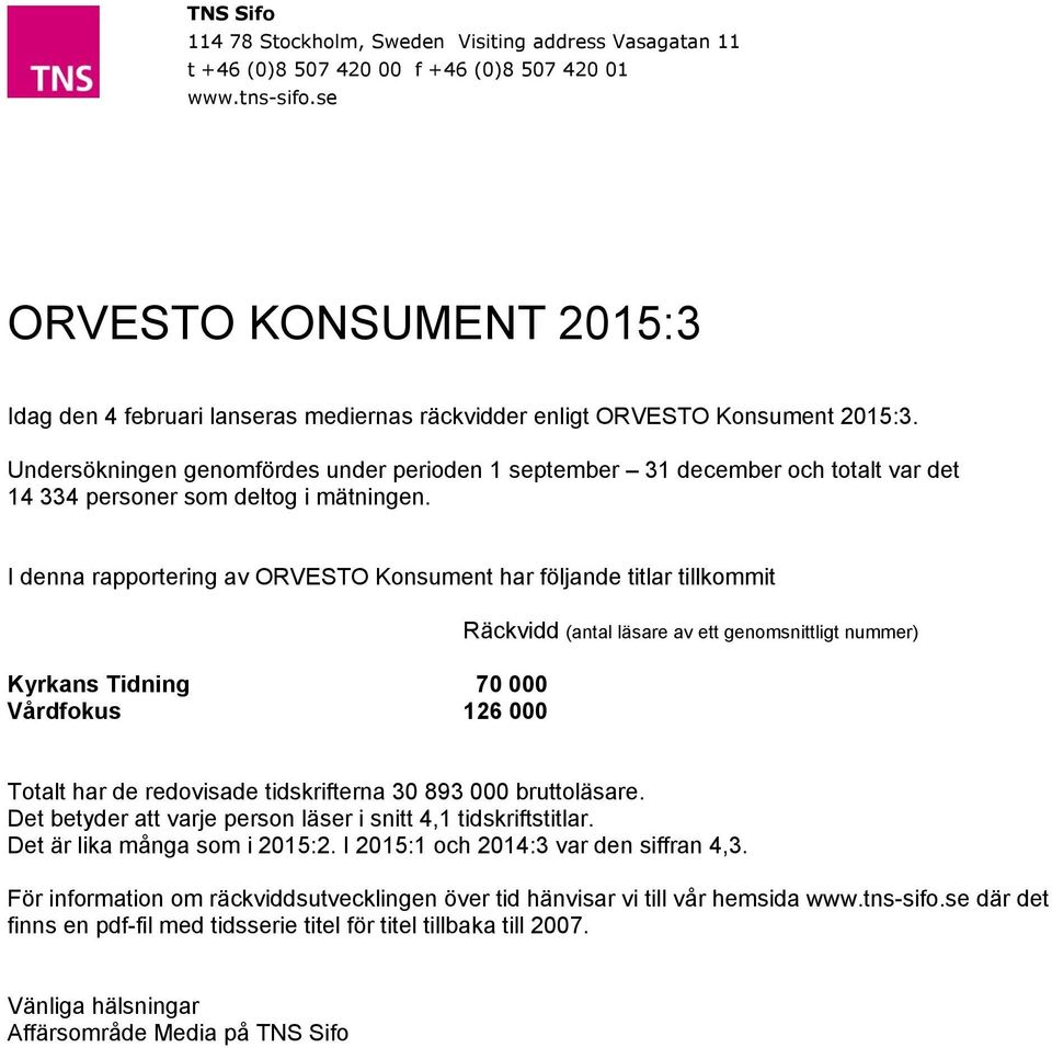 I denna rapportering av ORVESTO Konsument har följande titlar tillkommit Kyrkans Tidning 70 000 Vårdfokus 126 000 Räckvidd (antal läsare av ett genomsnittligt nummer) Totalt har de redovisade