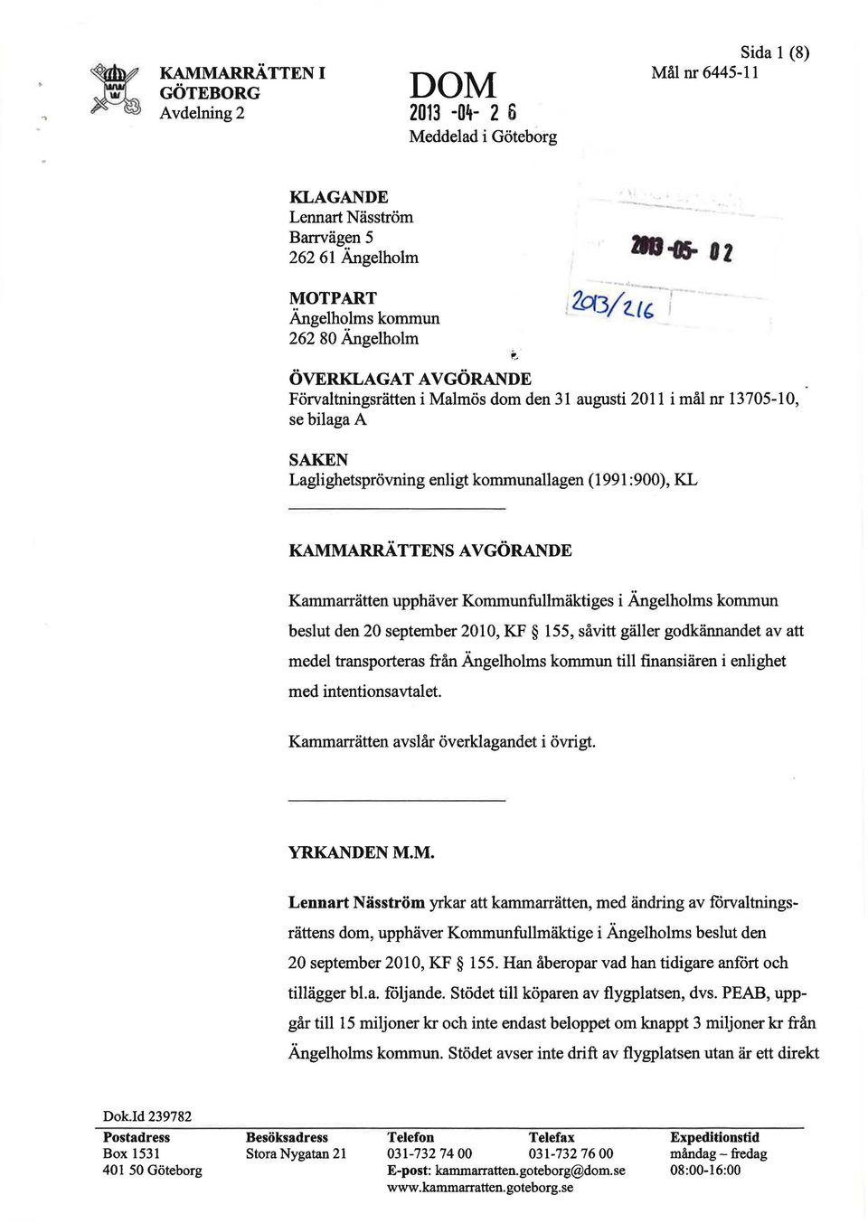 :900), KL KAMMARRÄTTENSAVGÖRANDE Kammarrätten upphäver Kommunfullmäktiges i Ängelholms kommun beslut den 20 september 2010, KF 155, såvitt gäller godkännandet av att medel transporteras från