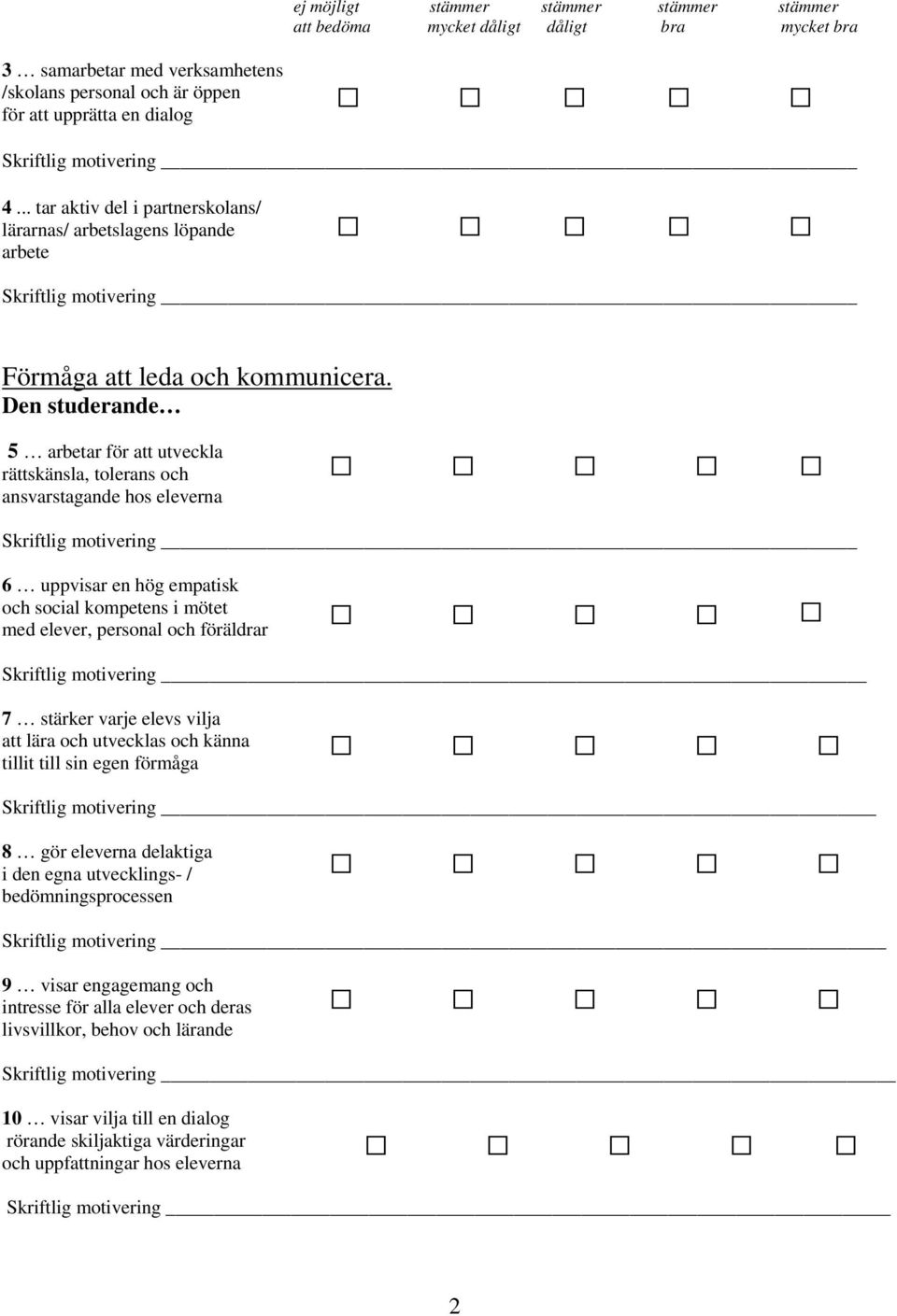 Den studerande 5 arbetar för att utveckla rättskänsla, tolerans och ansvarstagande hos eleverna 6 uppvisar en hög empatisk och social kompetens i mötet med elever, personal och föräldrar _ 7