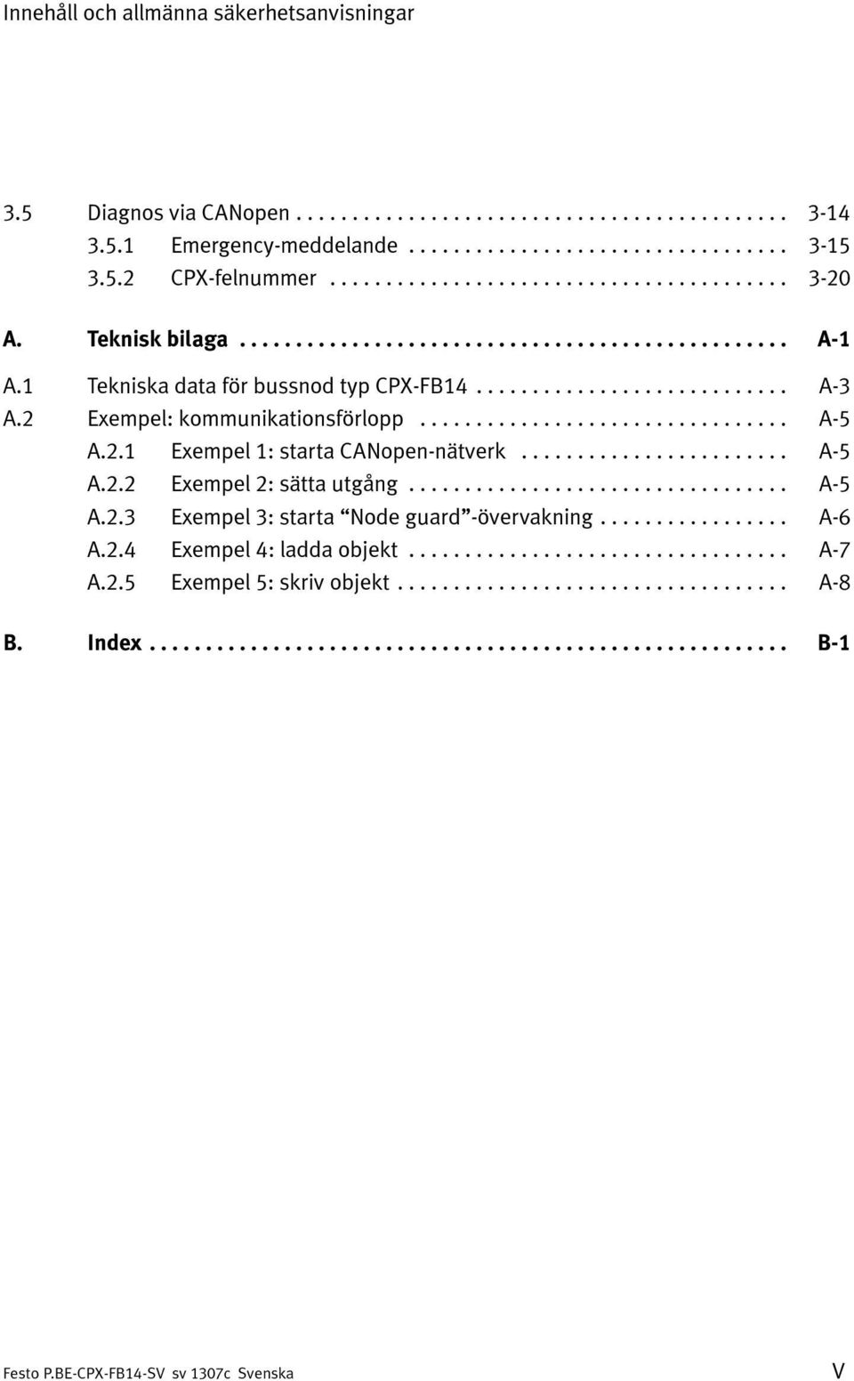 .. A-5 A.2.1 Exempel 1: starta CANopen-nätverk... A-5 A.2.2 Exempel 2: sätta utgång... A-5 A.2.3 Exempel 3: starta Node guard -övervakning.