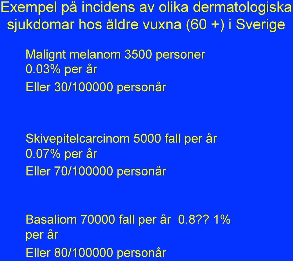 03% per år Eller 30/100000 personår Skivepitelcarcinom 5000 fall per år 0.