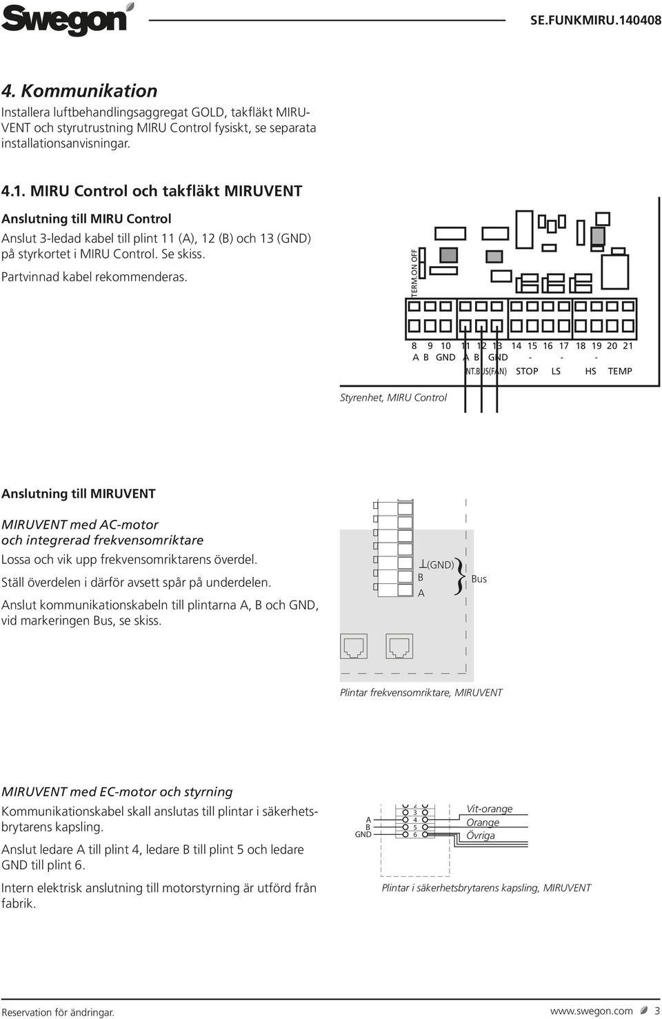 TERM.ON OFF Styrenhet, MIRU Control 8 9 10 11 12 13 14 15 16 17 18 19 20 21 AB GND AB GND - - - INT.