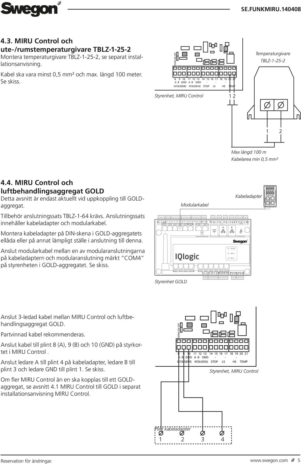 BUS(FAN) STOP LS HS TEMP Temperaturgivare TBLZ-1-25-2 Styrenhet, MIRU Control Max längd 100 m Kabelarea min 0,5 mm² 4.