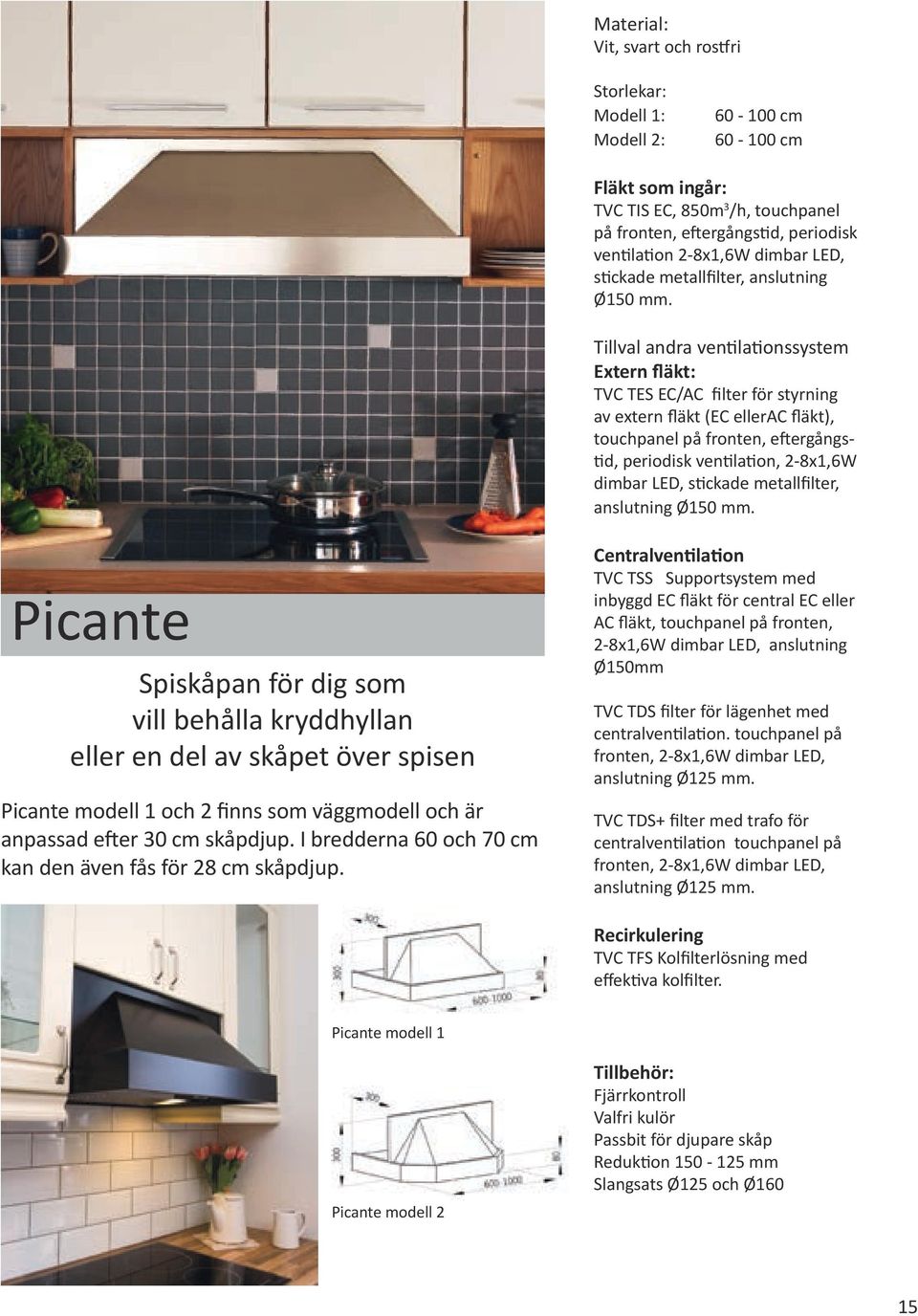 Tillval andra ventilationssystem Extern fläkt: TVC TES EC/AC filter för styrning av extern fläkt (EC ellerac fläkt), touchpanel på fronten, eftergångstid, periodisk ventilation, 2-8x1,6W dimbar LED,