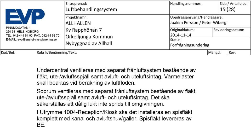 Soprum ventileras med separat frånluftsystem bestående av fläkt, ute-/avluftsspjäll samt avluft- och uteluftsintag.