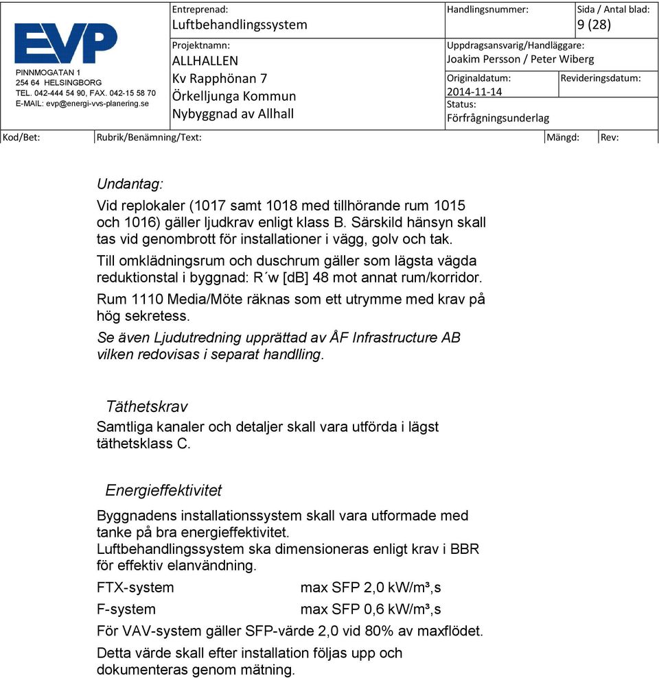 Se även Ljudutredning upprättad av ÅF Infrastructure AB vilken redovisas i separat handlling. Täthetskrav Samtliga kanaler och detaljer skall vara utförda i lägst täthetsklass C.