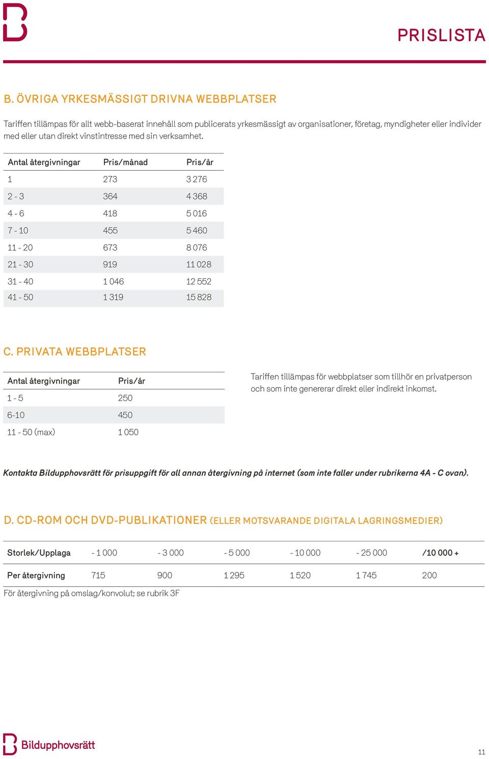 Antal återgivningar Pris/månad Pris/år 1 273 3 276 2-3 364 4 368 4-6 418 5 016 7-10 455 5 460 11-20 673 8 076 21-30 919 11 028 31-40 1 046 12 552 41-50 1 319 15 828 c.