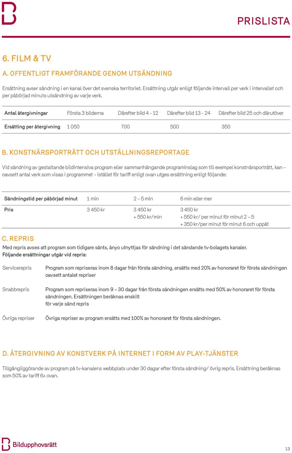 Antal återgivningar Första 3 bilderna Därefter bild 4-12 Därefter bild 13-24 Därefter bild 25 och därutöver Ersätting per återgivning 1 050 700 500 350 b.