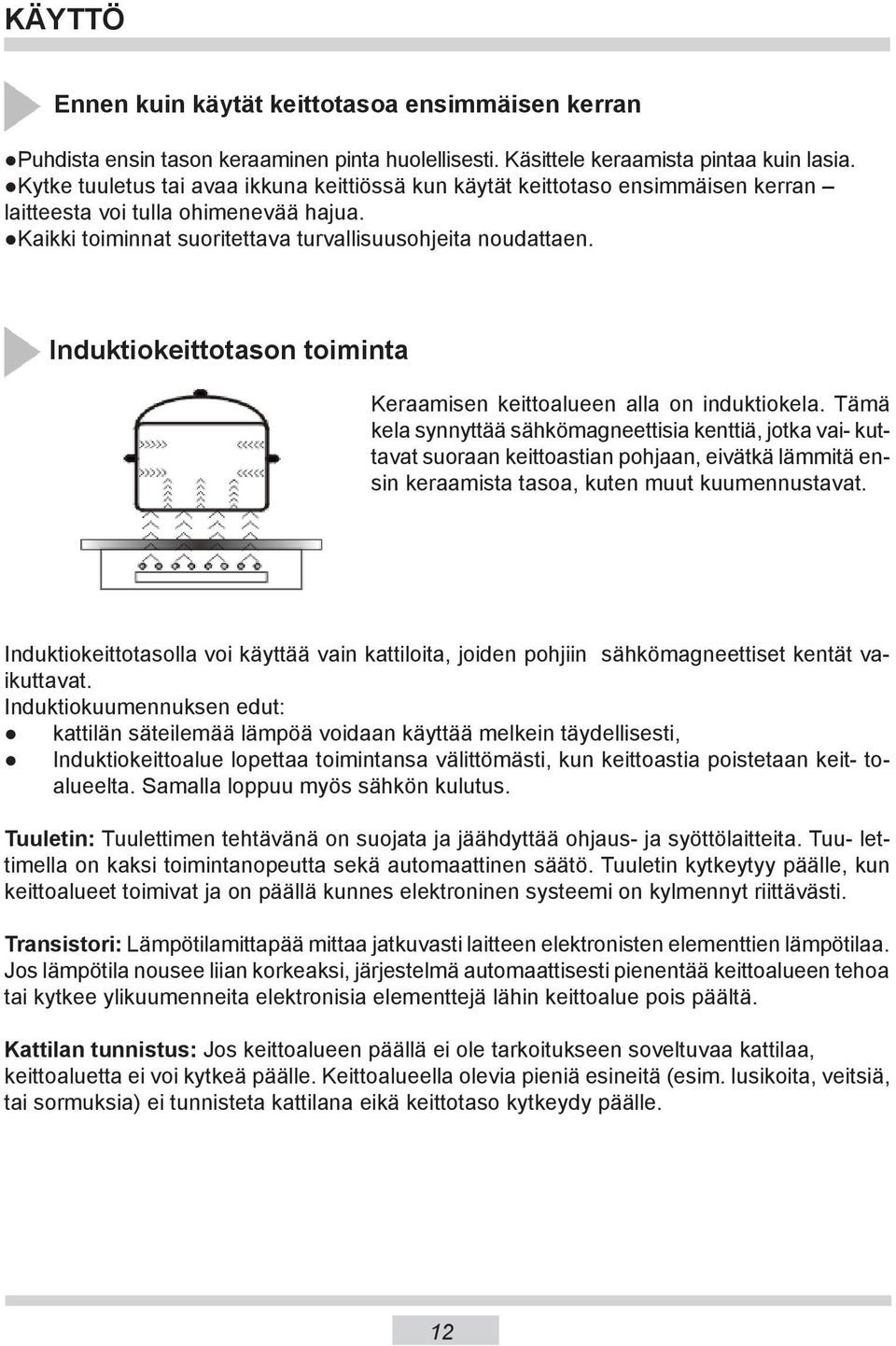 Induktiokeittotason toiminta Keraamisen keittoalueen alla on induktiokela.