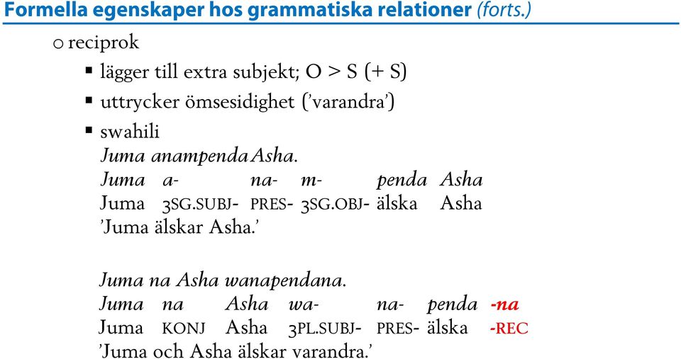 SUBJ- PRES- 3SG.OBJ- älska Asha Juma älskar Asha. Juma na Asha wanapendana.